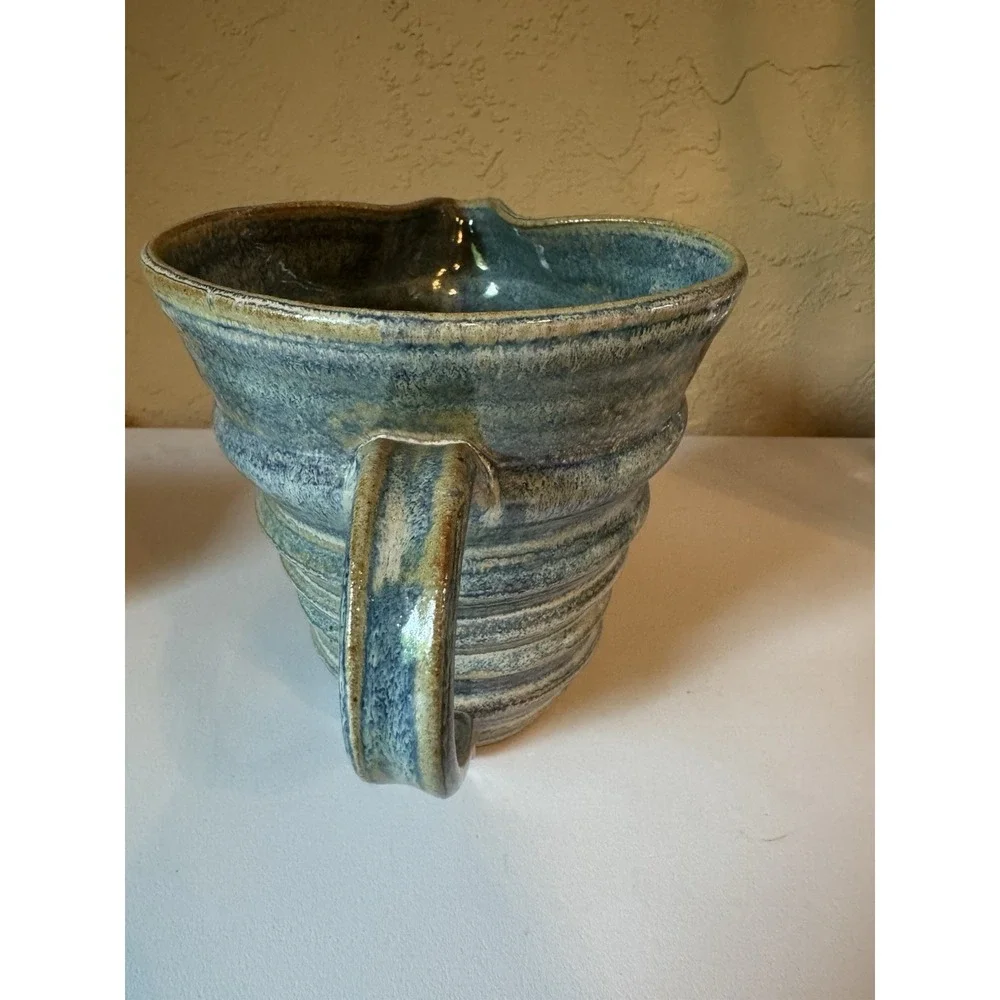 Signed Studio Art Pottery Pitcher Blue Green Earth Tone Glaze 2003 Jug